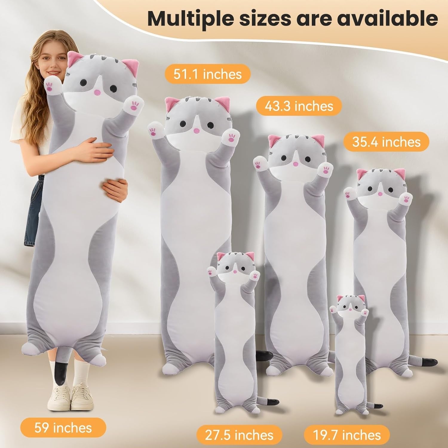 Cute Cat Plush Long Body Pillow – Soft Cartoon Stuffed Animal Doll, Kawaii Cat Plushie Christmas Toy Gift for Kids, Girls & Girlfriend (Gray, 19.7 Inch)