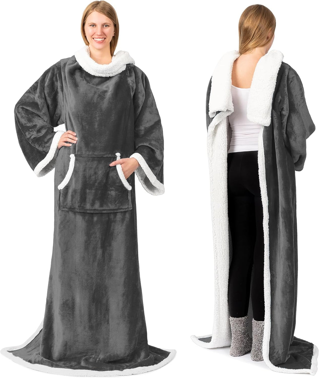 Sherpa Wearable Blanket with Sleeves and Pocket, Plush Thick Cozy Body Blanket Wrap for Adult Women Men, Christmas Gift for Wife Mom, Dark Grey