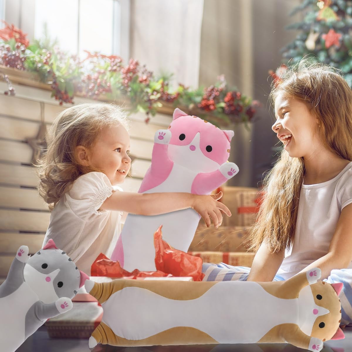 Cute Cat Plush Long Body Pillow – Soft Cartoon Stuffed Animal Doll, Kawaii Cat Plushie Christmas Toy Gift for Kids, Girls & Girlfriend (Gray, 19.7 Inch)