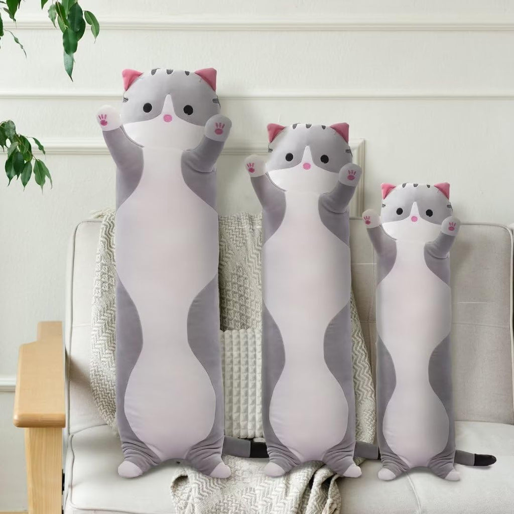 Cute Cat Plush Long Body Pillow – Soft Cartoon Stuffed Animal Doll, Kawaii Cat Plushie Christmas Toy Gift for Kids, Girls & Girlfriend (Gray, 19.7 Inch)