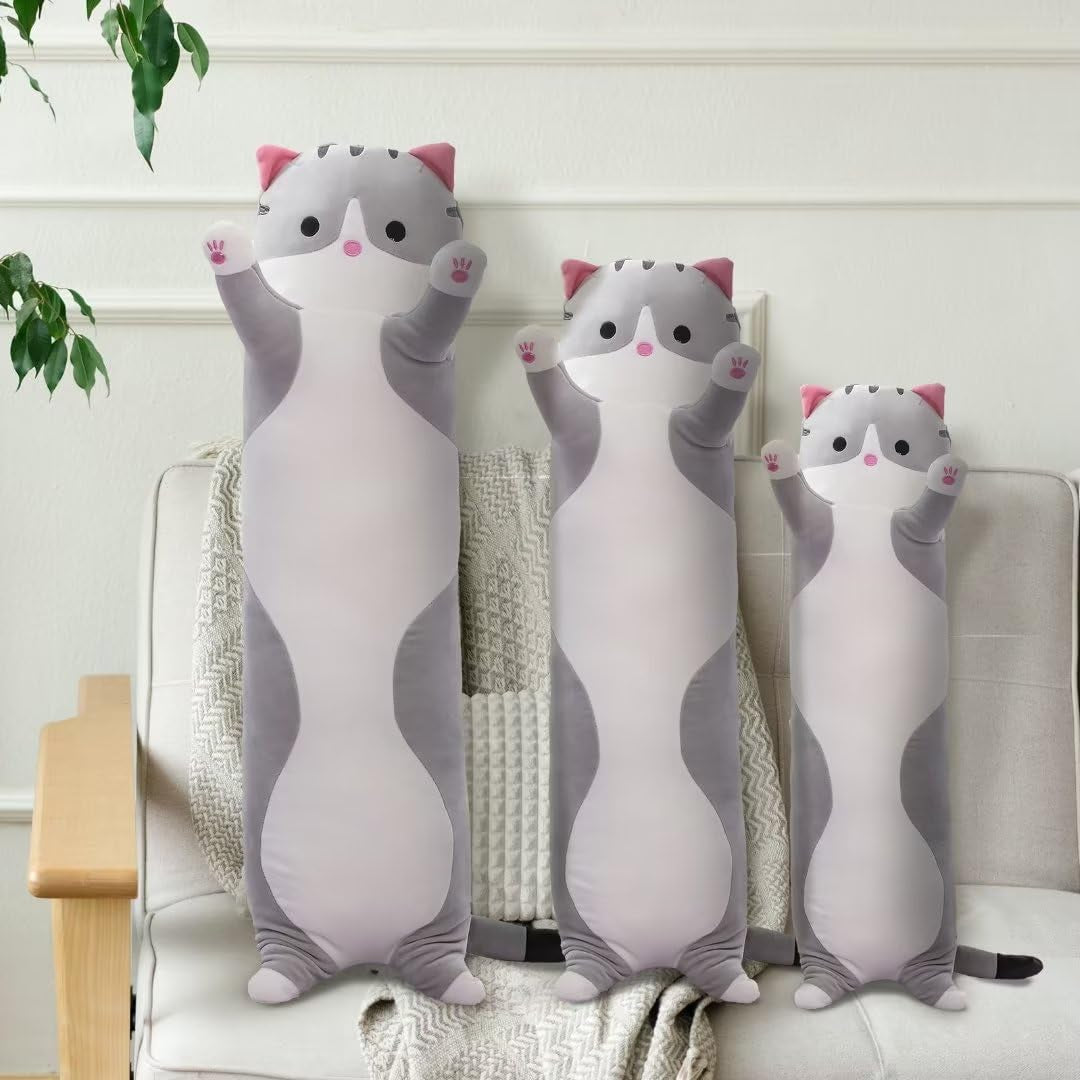 Cute Cat Plush Long Body Pillow – Soft Cartoon Stuffed Animal Doll, Kawaii Cat Plushie Christmas Toy Gift for Kids, Girls & Girlfriend (Gray, 19.7 Inch)