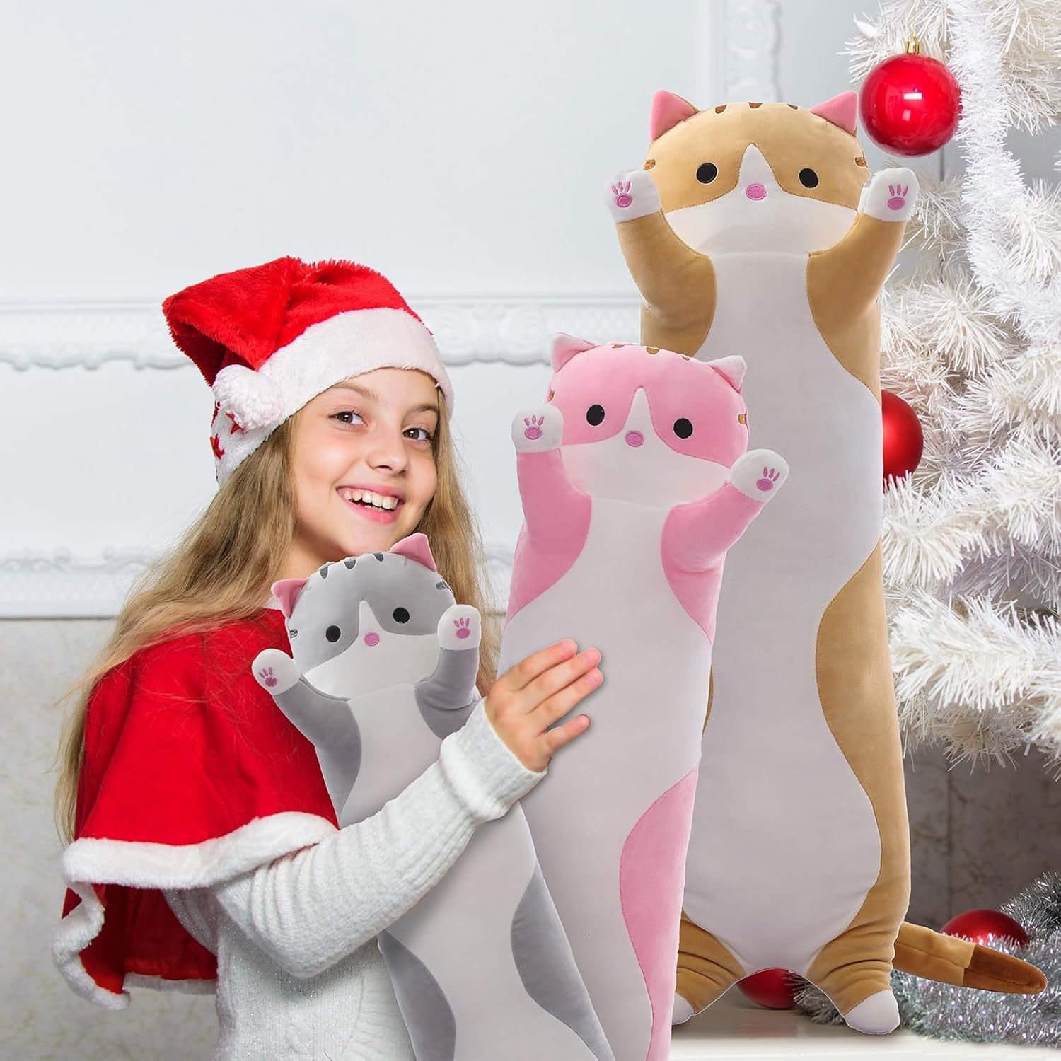 Cute Cat Plush Long Body Pillow – Soft Cartoon Stuffed Animal Doll, Kawaii Cat Plushie Christmas Toy Gift for Kids, Girls & Girlfriend (Gray, 19.7 Inch)