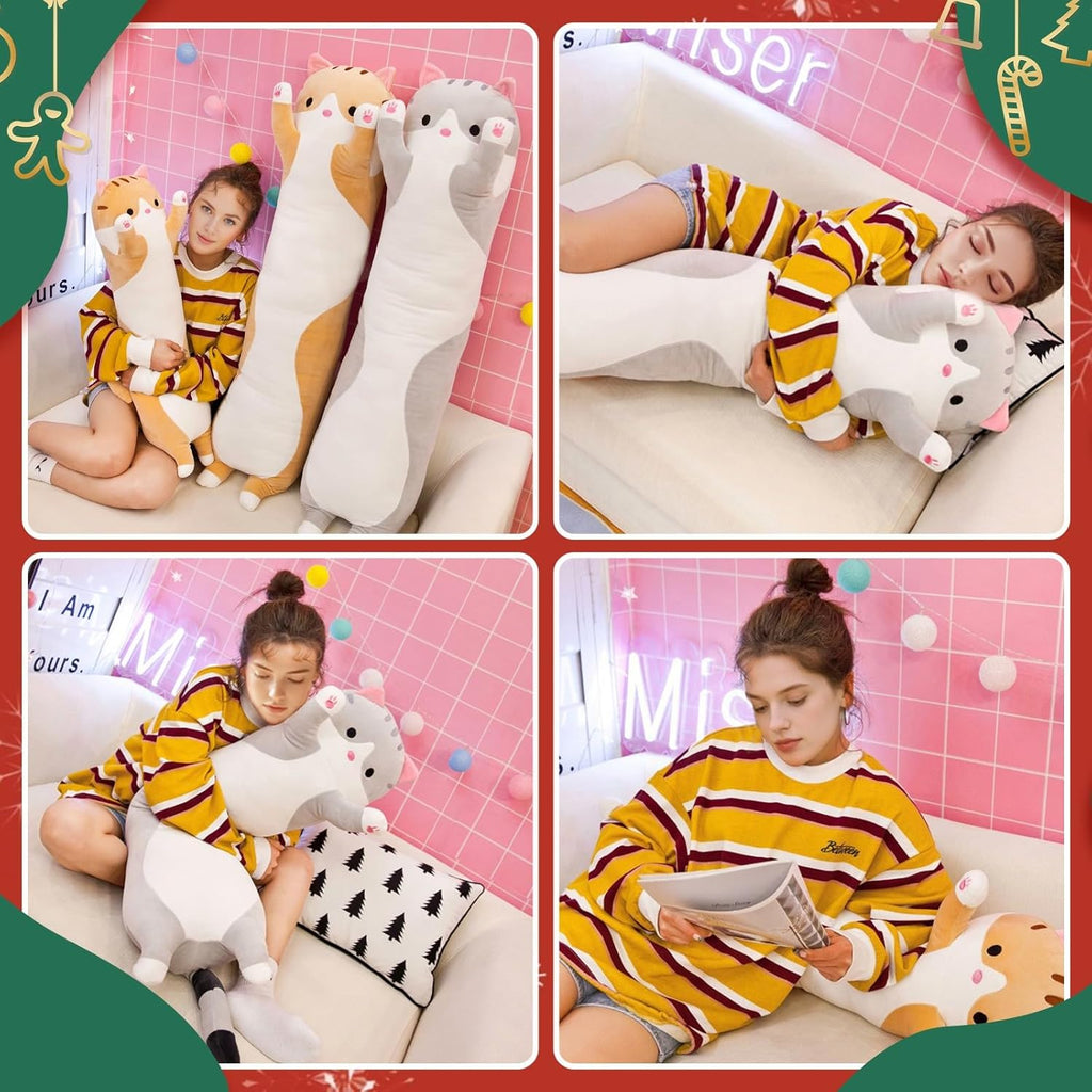 Cute Cat Plush Long Body Pillow – Soft Cartoon Stuffed Animal Doll, Kawaii Cat Plushie Christmas Toy Gift for Kids, Girls & Girlfriend (Gray, 19.7 Inch)